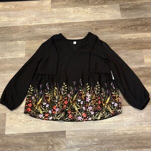 Old Navy Black Blouse with Colorful Floral Design